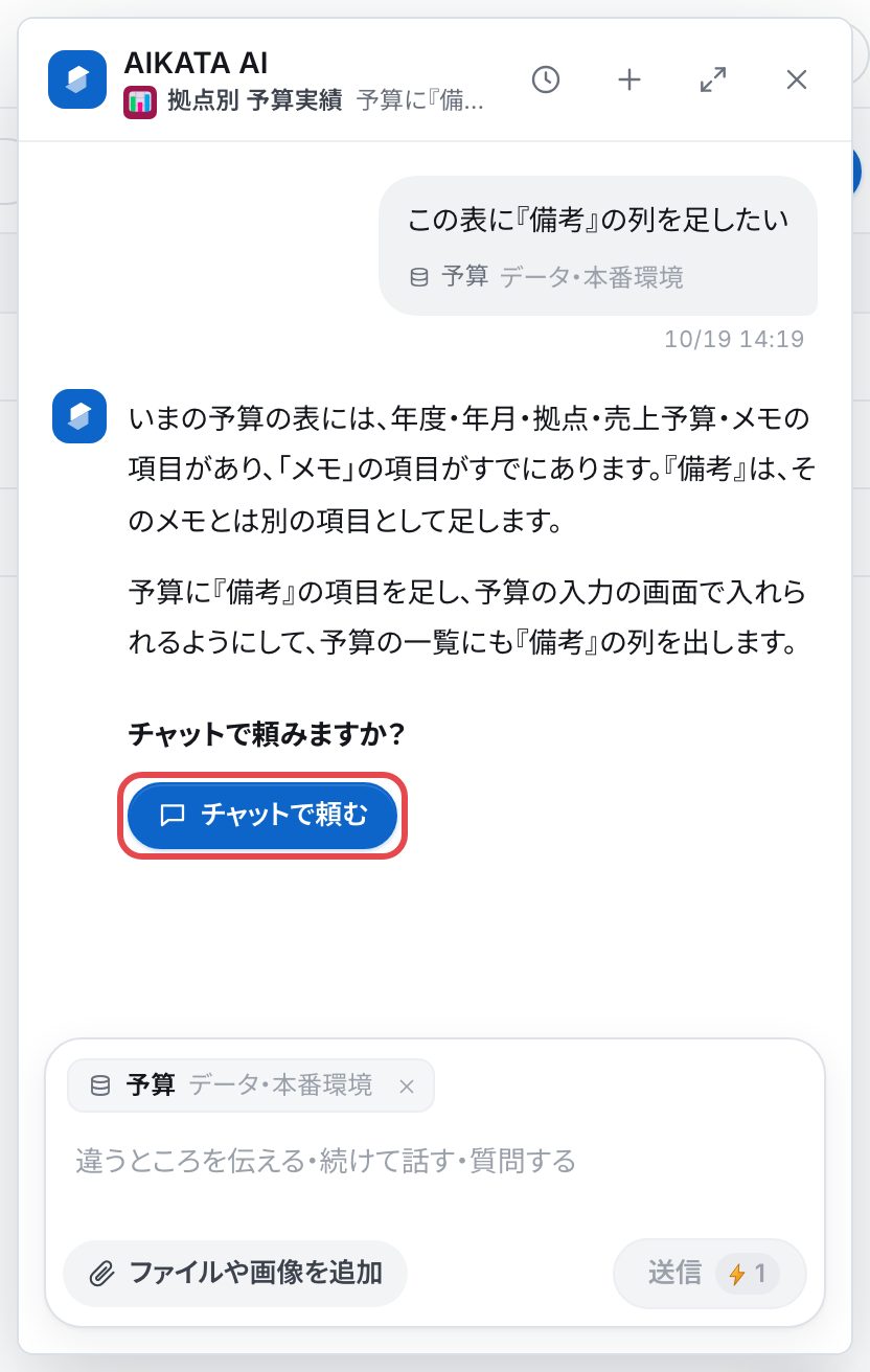 AIKATA AIの窓。「この表に『備考』の列を足したい」への直すイメージと、「チャットで頼みますか？」の下の「チャットで頼む」を赤い枠で囲んでいる