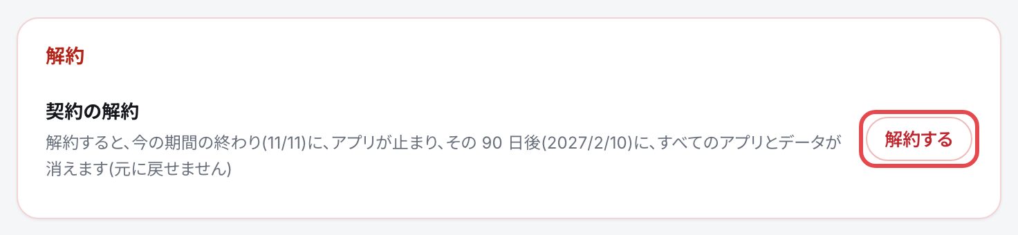 「解約」の箱。今の期間の終わりにアプリが止まり、その90日後にすべてのアプリとデータが消えるという文と、赤い枠で囲んだ「解約する」