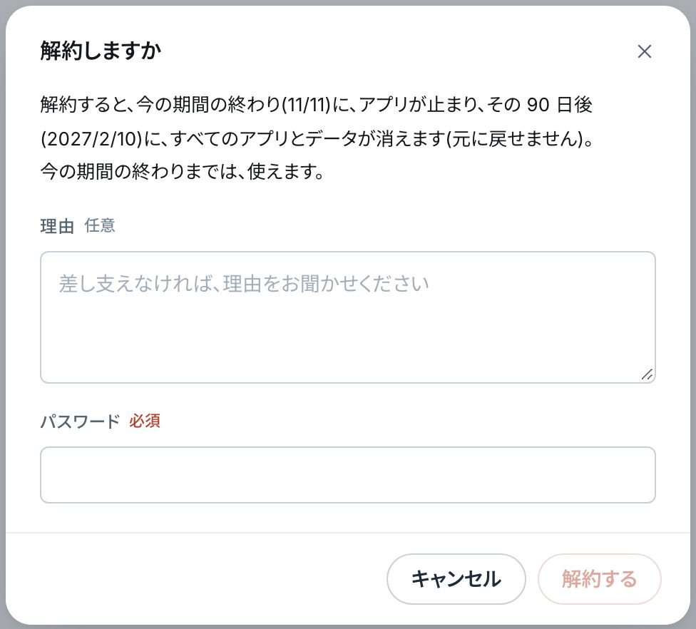 「解約しますか」の画面。説明の文、理由の欄、パスワードの欄、「キャンセル」と「解約する」のボタン