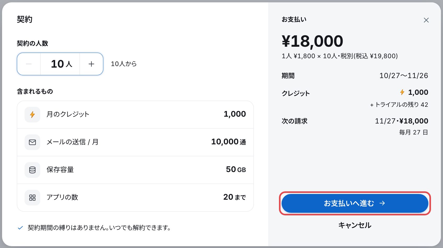 「契約」の画面。左に契約の人数と含まれるもの、右にお支払い(今日払う額・期間・クレジット・次の請求)。「お支払いへ進む」を赤い枠で囲んでいる