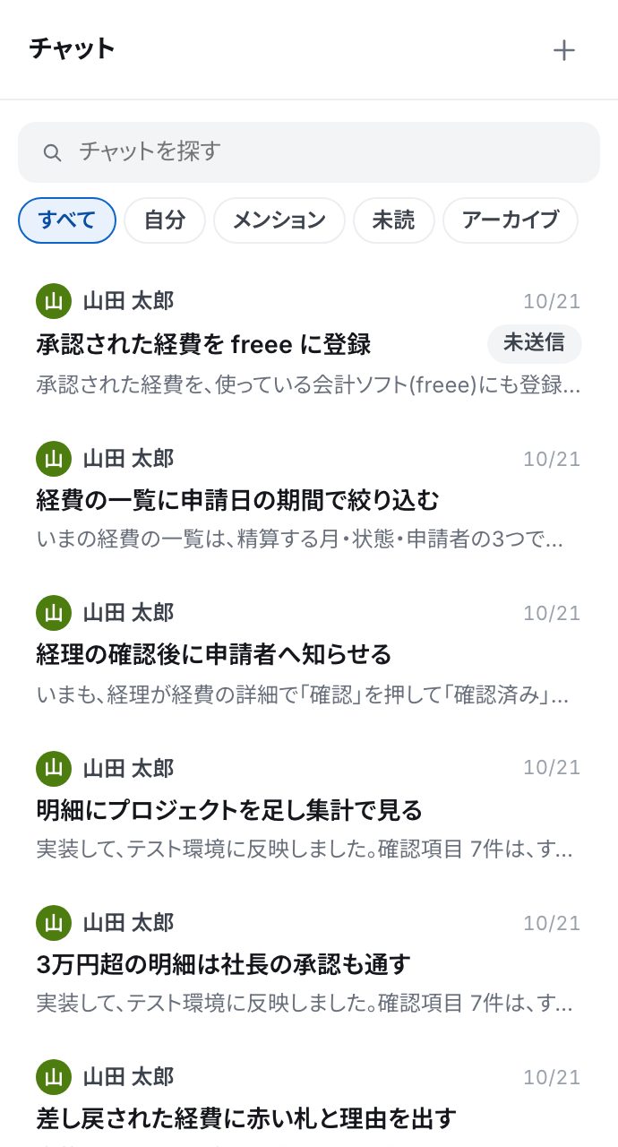 チャットの一覧。検索の欄と、すべて・自分・メンション・未読・アーカイブの絞り込み。行ごとに担当者と日付、題、最後の発言の頭。いちばん上の行に「未送信」の札