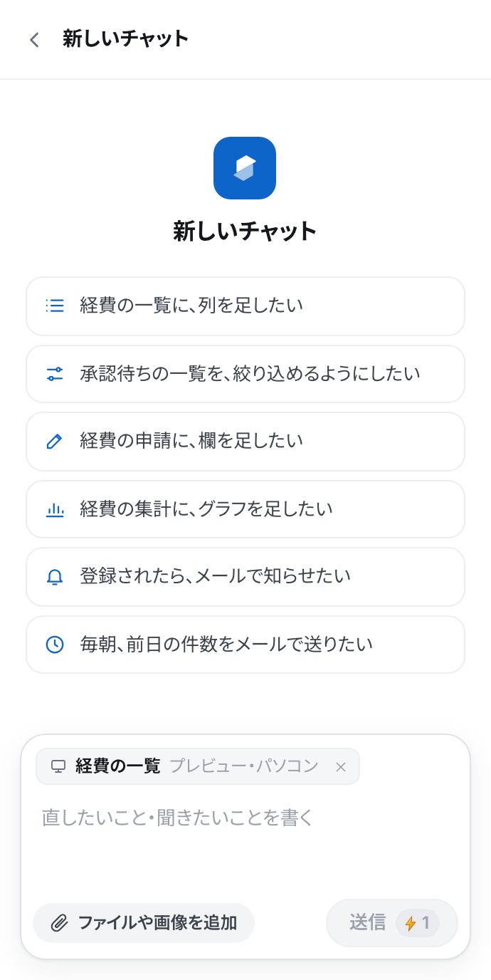 新しいチャットの画面。よくある頼みの札が6つ並び、下に入力欄と「送信」のボタン