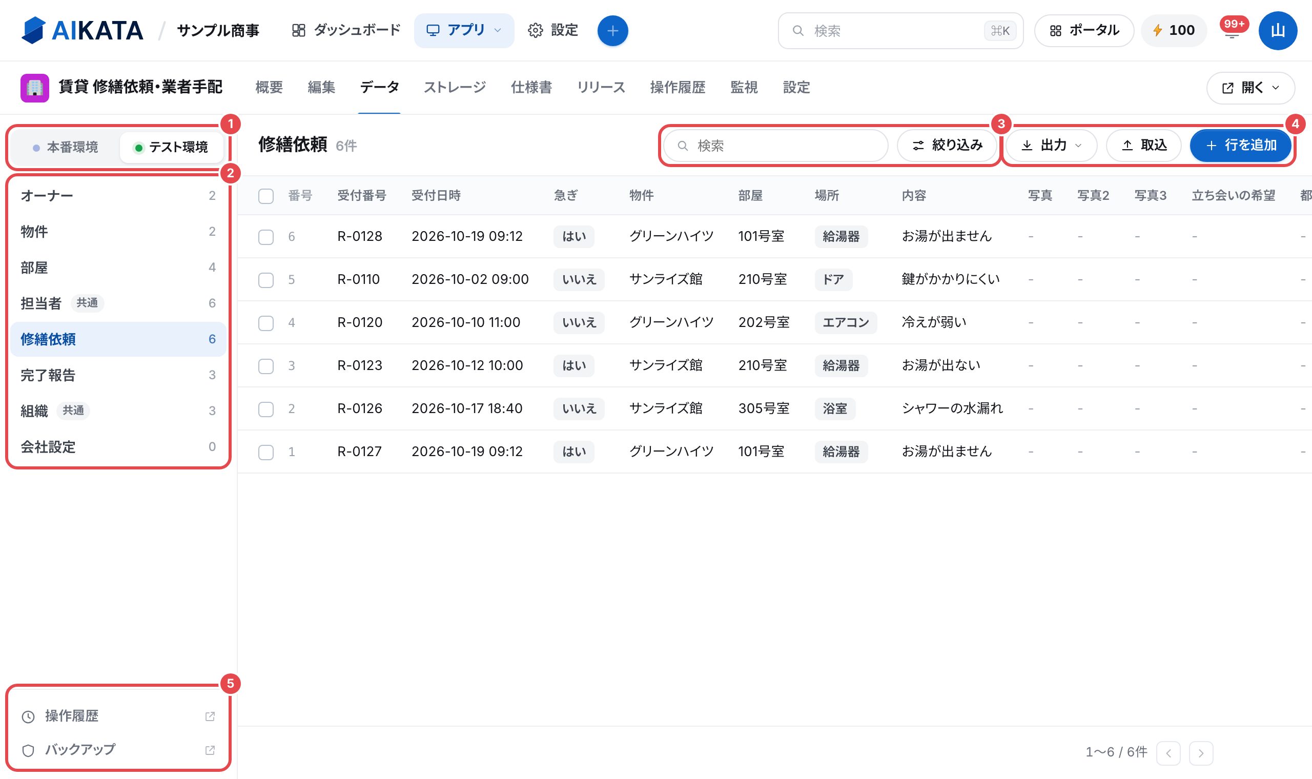 データのタブ。環境の切り替え、表の一覧、検索と絞り込み、出力・取込・行を追加、操作履歴とバックアップへのリンクを、番号つきの赤い枠で囲んでいる