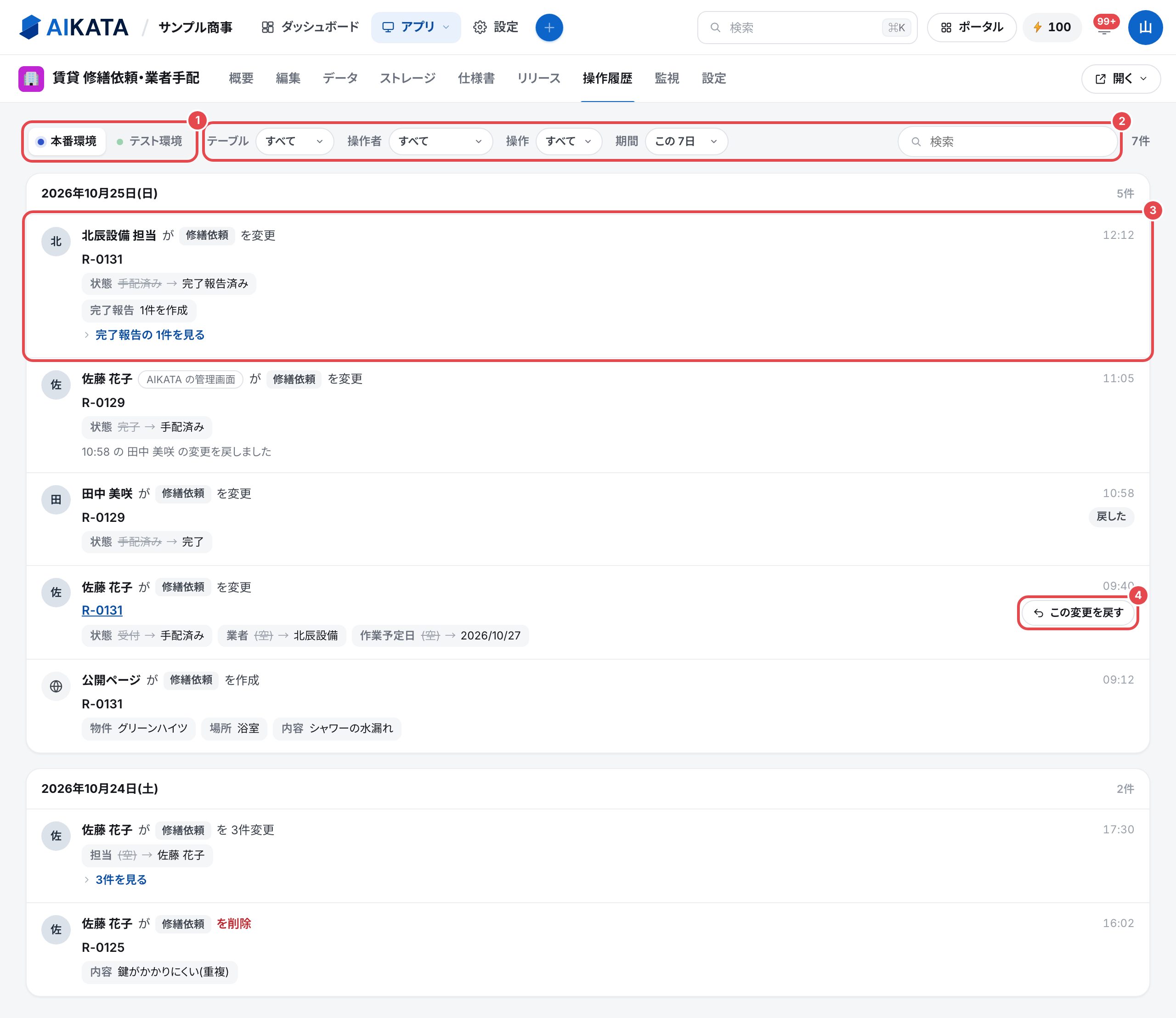 操作履歴のタブ。環境の切り替え、絞り込み、1件の記録、行に乗せると出る「この変更を戻す」を、番号つきの赤い枠で囲んでいる