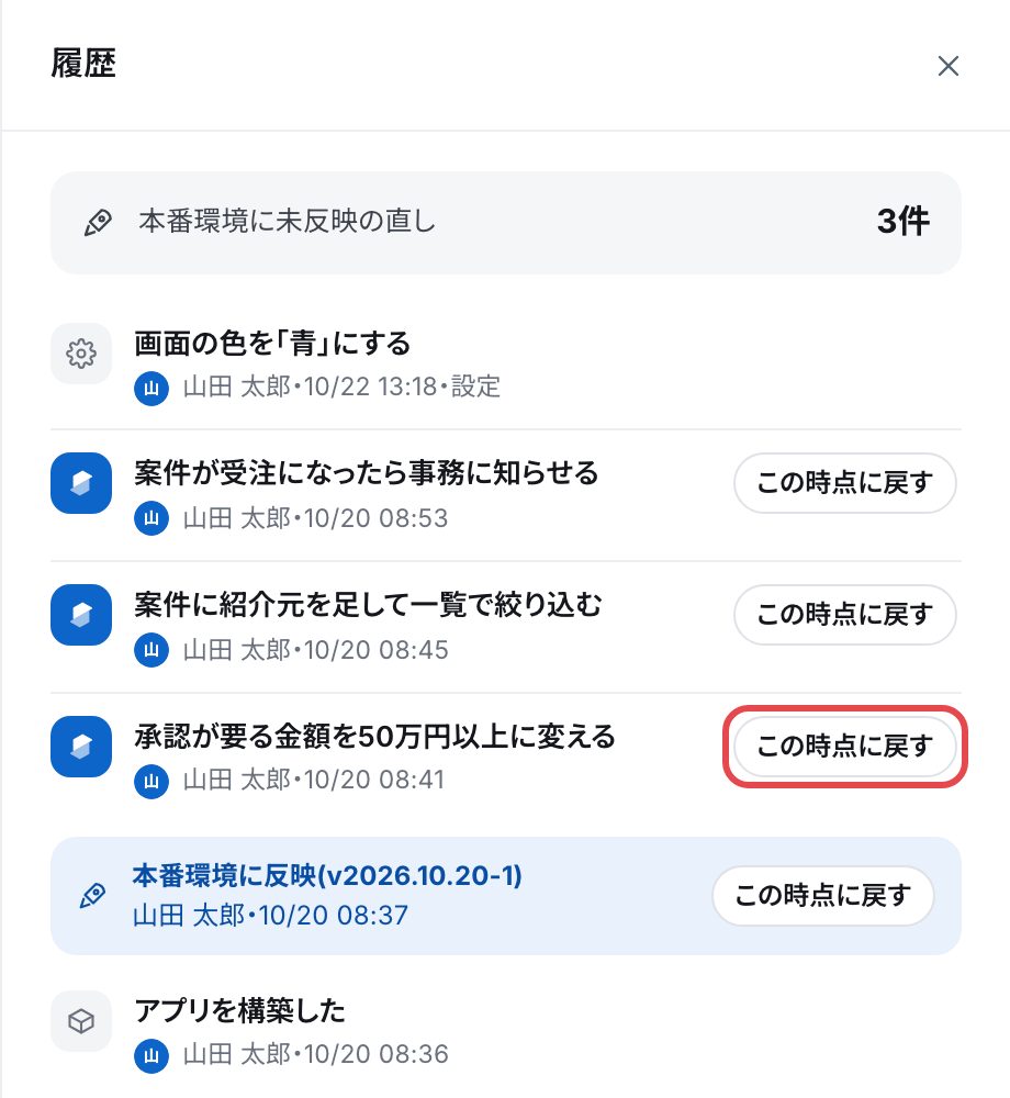 編集のタブの履歴。本番環境に未反映の直し3件、直しの行ごとの「この時点に戻す」、本番環境に反映した区切り