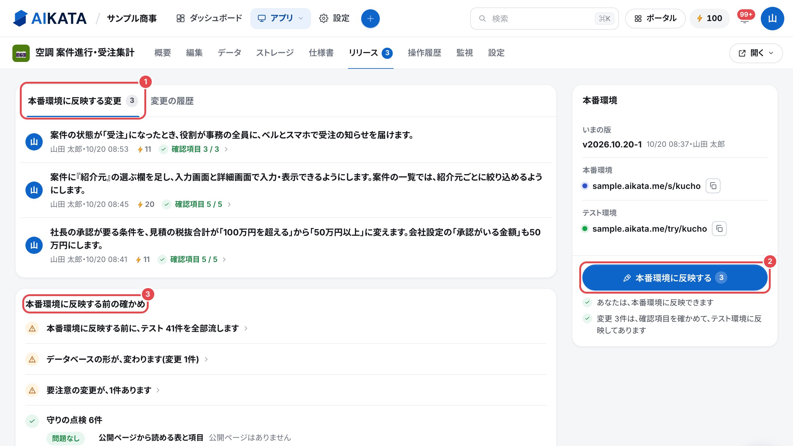 リリースのタブ。本番環境に反映する変更の一覧、右に本番環境の箱と「本番環境に反映する」、下に本番環境に反映する前の確かめ