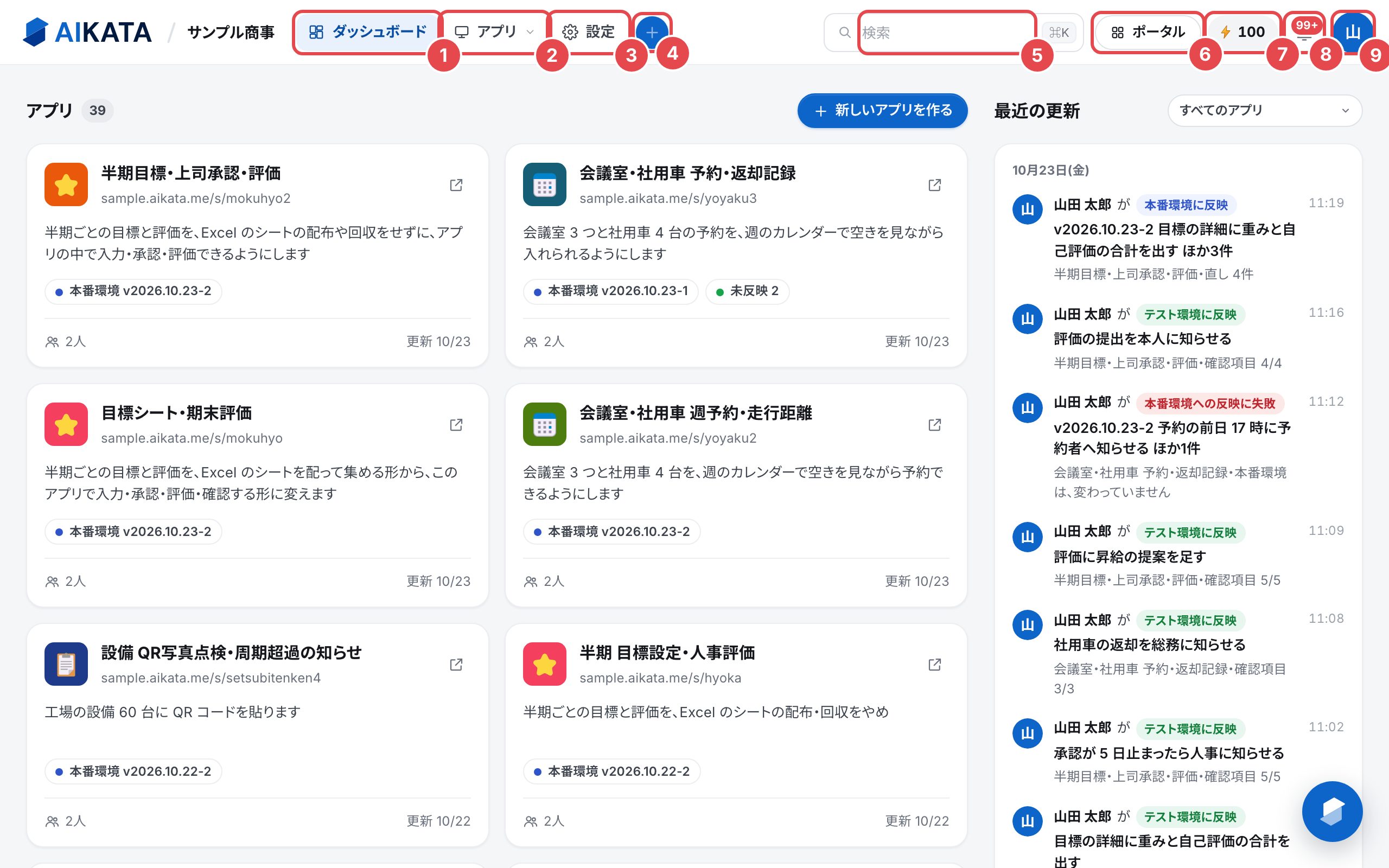 ダッシュボードの画面。上のバーに、①ダッシュボード、②アプリ、③設定、④+、⑤検索、⑥ポータル、⑦クレジット、⑧通知、⑨自分
