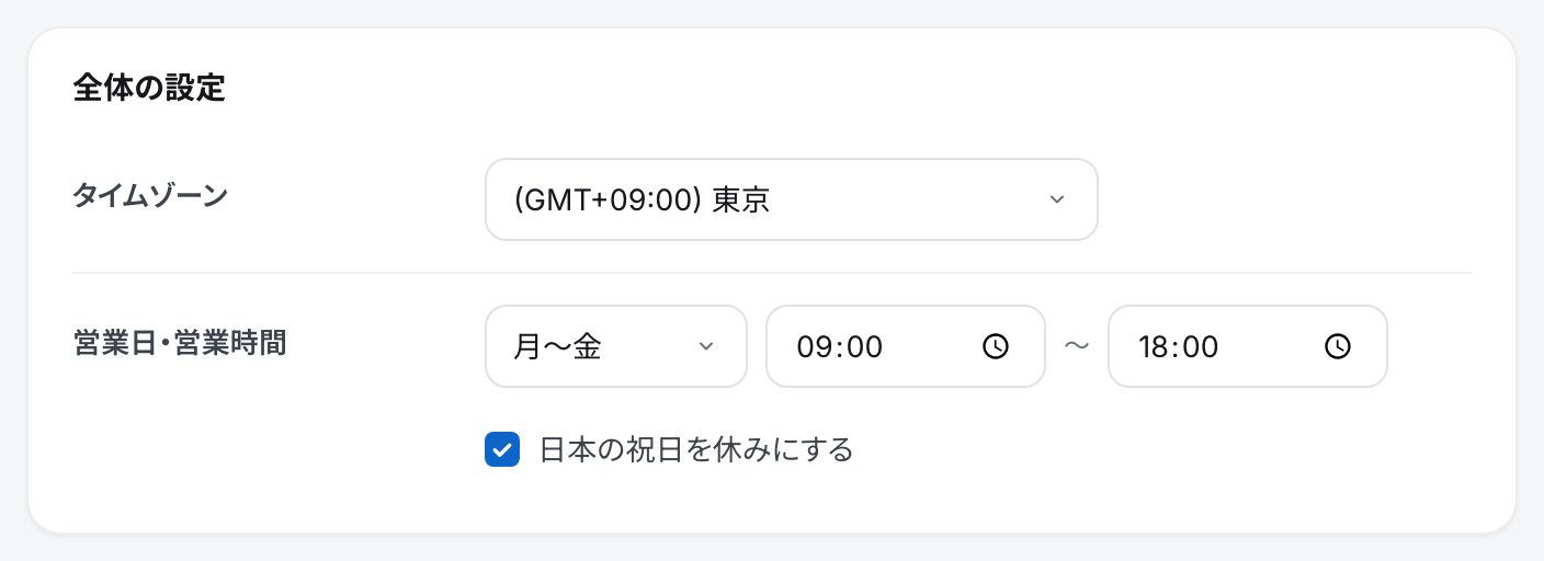 全体の設定の箱。タイムゾーンの選び、営業日の選びと営業時間の2つの欄、日本の祝日を休みにするのチェック