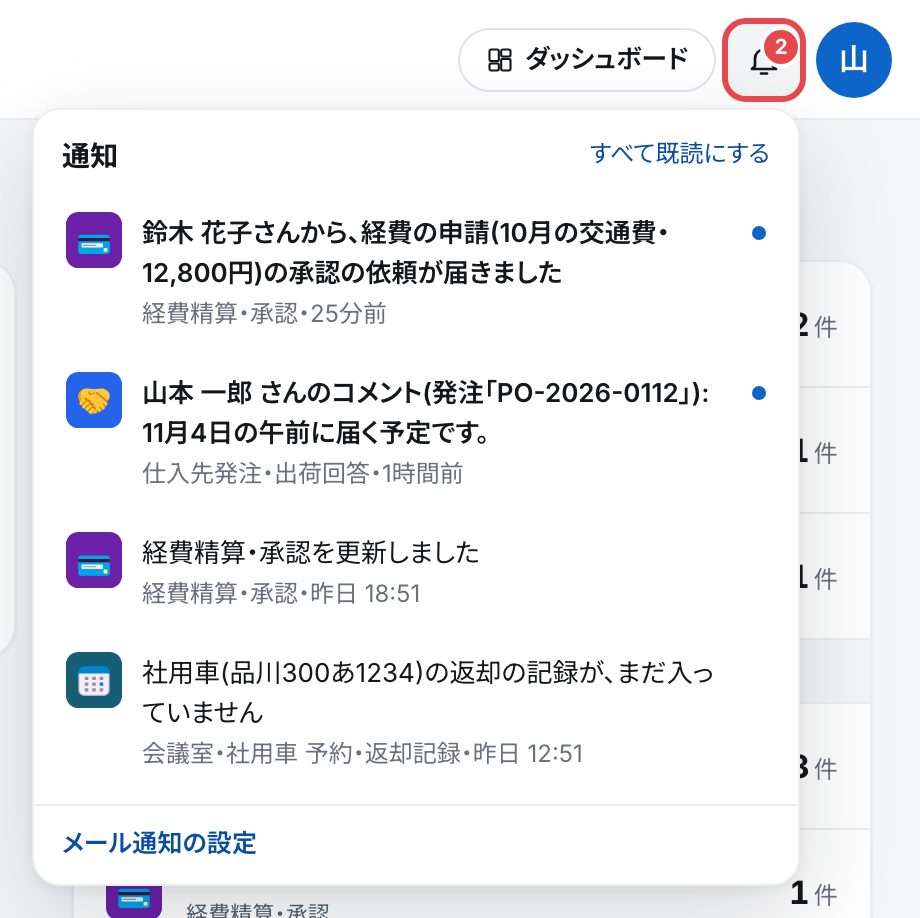 ポータルの上のバーのベルを押して開いた箱。承認の依頼・コメント・「経費精算・承認を更新しました」などの行と、「すべて既読にする」「メール通知の設定」
