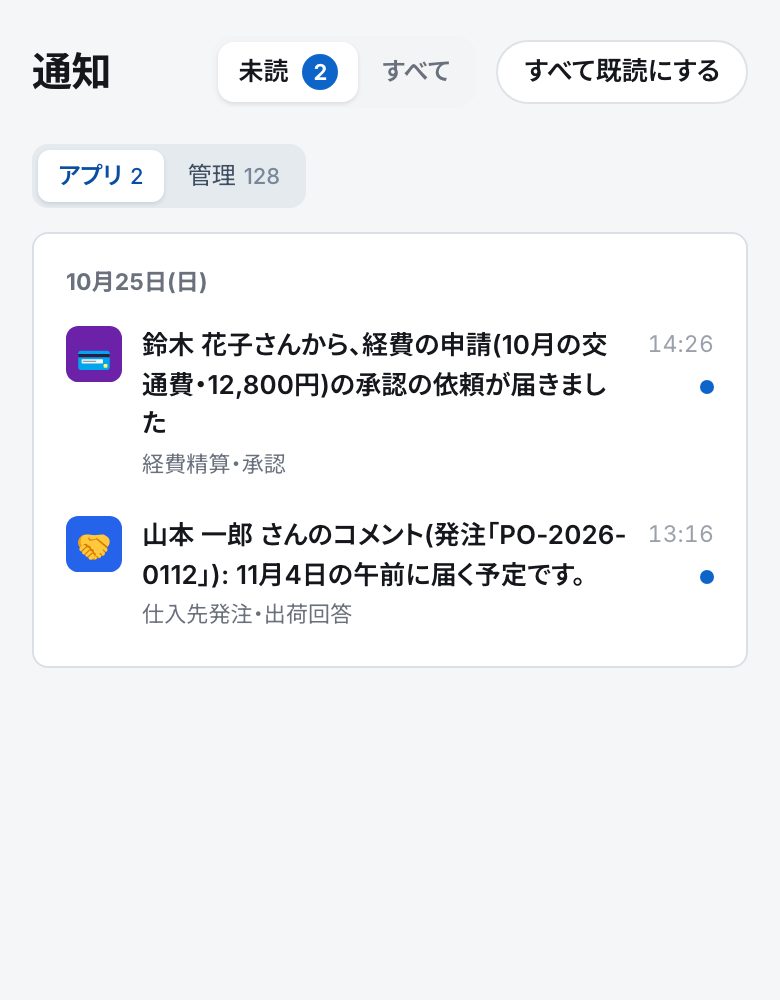 スマホアプリの通知のページ。未読とすべての切り替え、「すべて既読にする」、アプリと管理の切り替え、日ごとの知らせの行