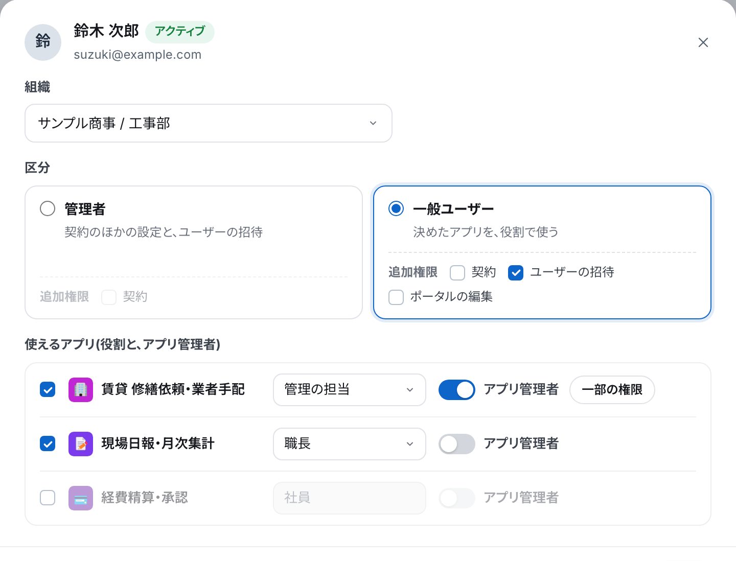 ユーザーの編集の画面。組織、区分(管理者・一般ユーザーの札。一般ユーザーの札の中に、追加権限の契約・ユーザーの招待・ポータルの編集)、使えるアプリ
