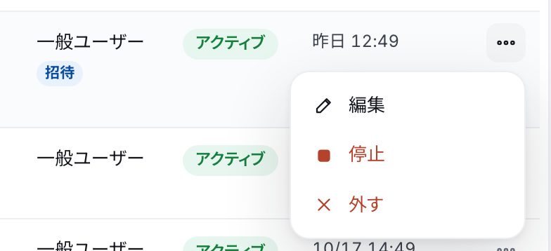アクティブな人の行の「…」で開いたメニュー。編集・停止・外す